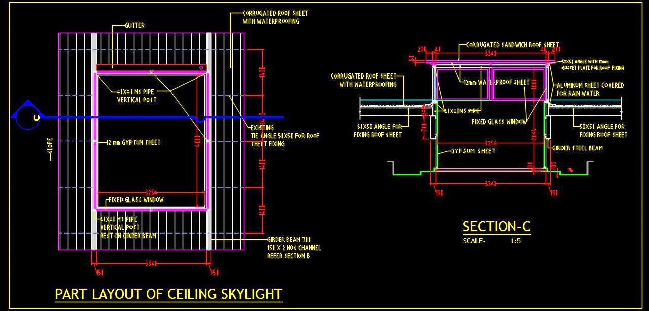 Skylight Design CAD Detail- Glass Windows on Steel Structure